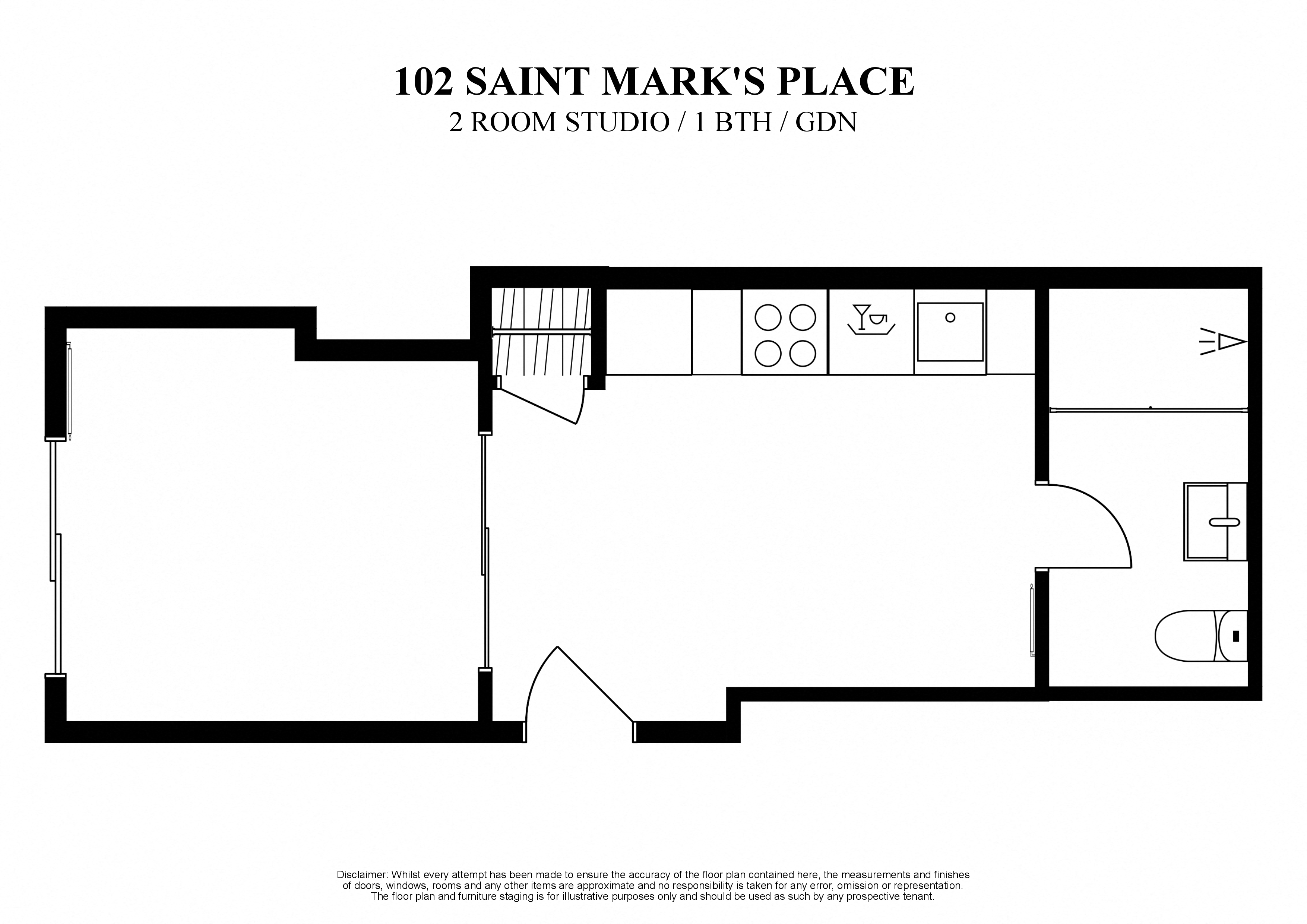 Floor plan for studio, 1 bath